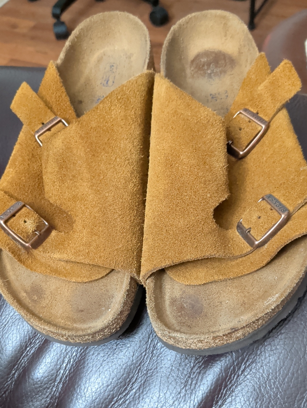 Birkenstock Suede Double-Buckle Sandals in Dark Tan